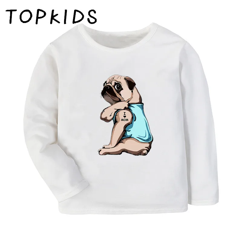 

2021 Kids Pug I Love Mom Print Funny T-shirt Children Dog Husky French Bulldog Tops Baby Boys Girls Long Sleeve T shirt,LKP5397