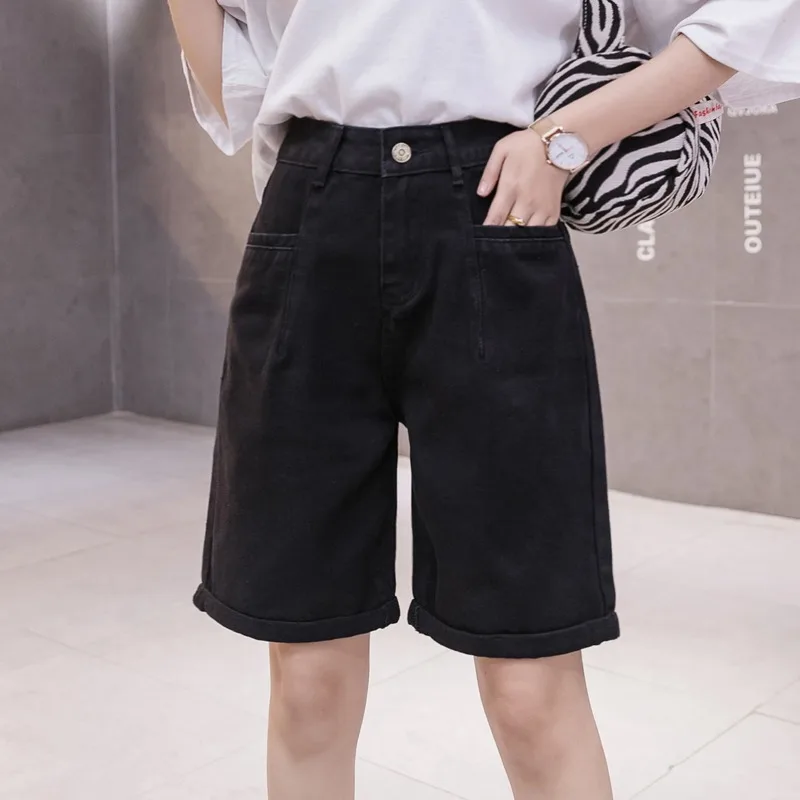 Summer Women High Waist Capri Shorts Wide Leg Pink Denim Shorts Casual Female Loose Straight Button Jeans Bermuda White Shorts