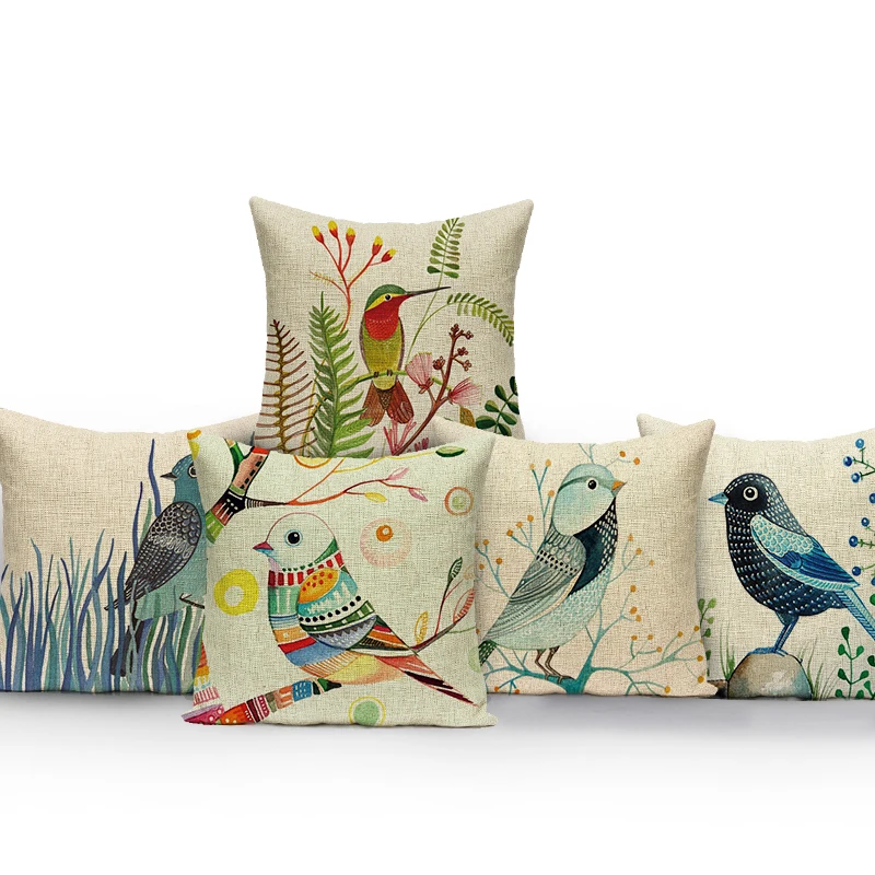 Lovely Bird Cushion Cover Plant Pattern Pillow Covers Decorative for Sofa Car Bed Living Room Decor Polyester Pillowcase