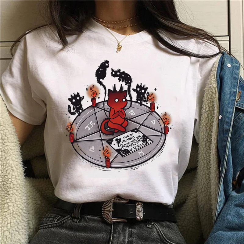 Satan Demon Death Scary Evil print ladies T-shirt ladies casual basis O-collar white shirt short sleeve ladies T-shirt,Drop Ship