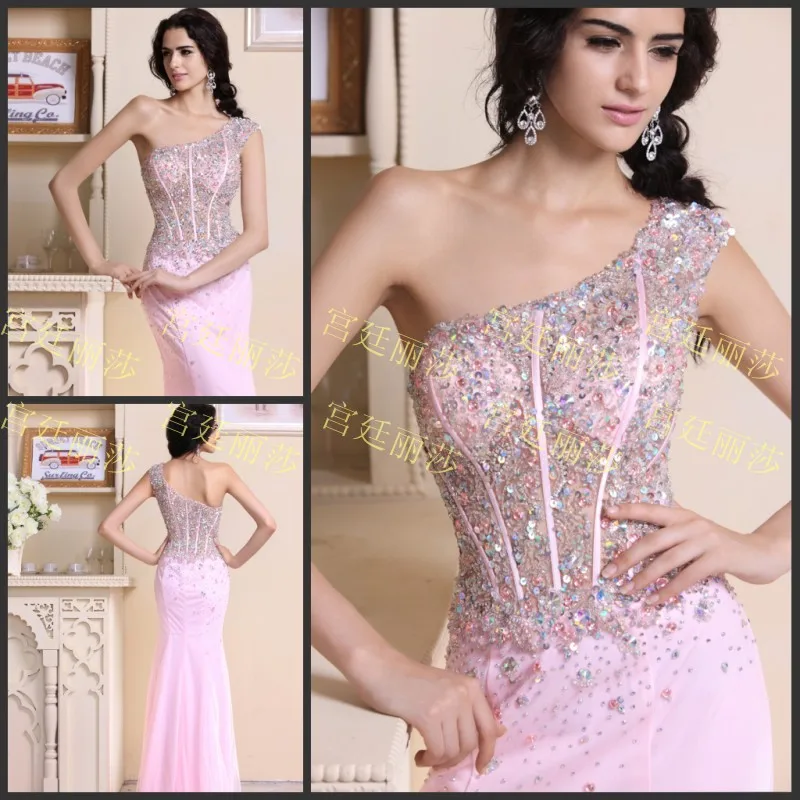 

free shipping 2018 Luxury crystal beaded sexy formal brides pink chiffon long mermaid party prom Graduation bridesmaid dresses