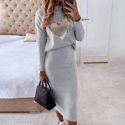 Casual two-piece suit autumn high-neck women's suit Heart  print long-sleeved knitted top bag hip over knee skirt suit sportswea