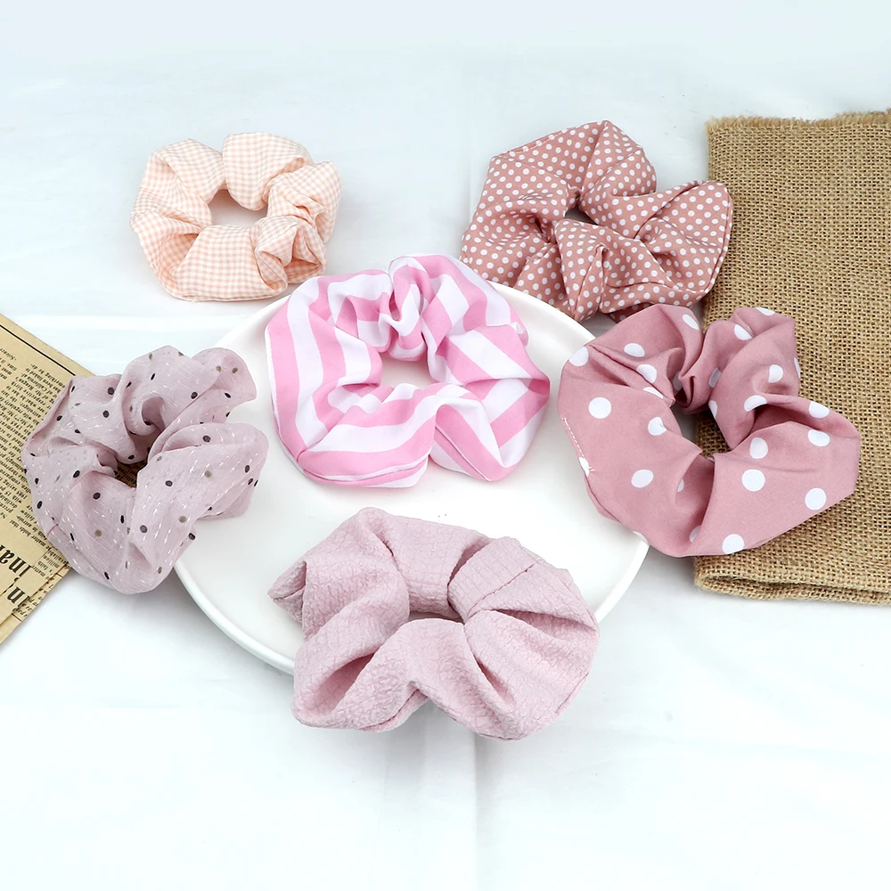 Pink Scrunchie Hair Ring Cute Women Dot Elastic Hair Bands Girls Stretchy Ties Ponytail Hold Hair Accessories Hairbands Headwear