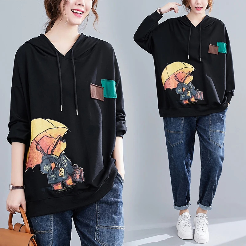 Women Winter Fall Fashion Clothes Female Comic Umbrella Bear Print Vintage Patchwork Long Sleeve Casual Loose Hooded Sweatshirts