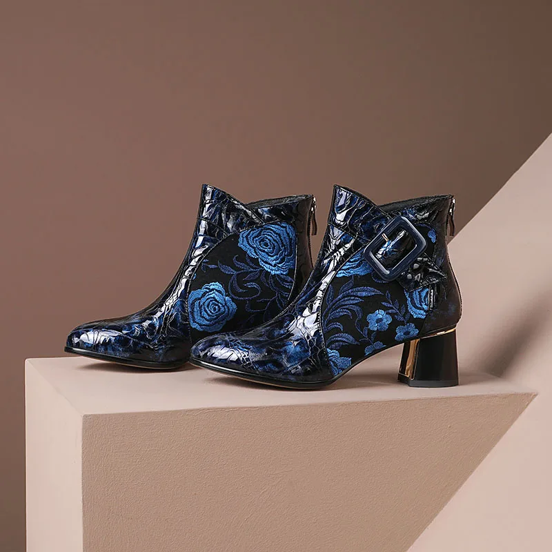Phoentin Embroider Boot Women Genuine Leather Ankle Boots Winter New Back Zipper High Heels Party Basic Shoes FT1222