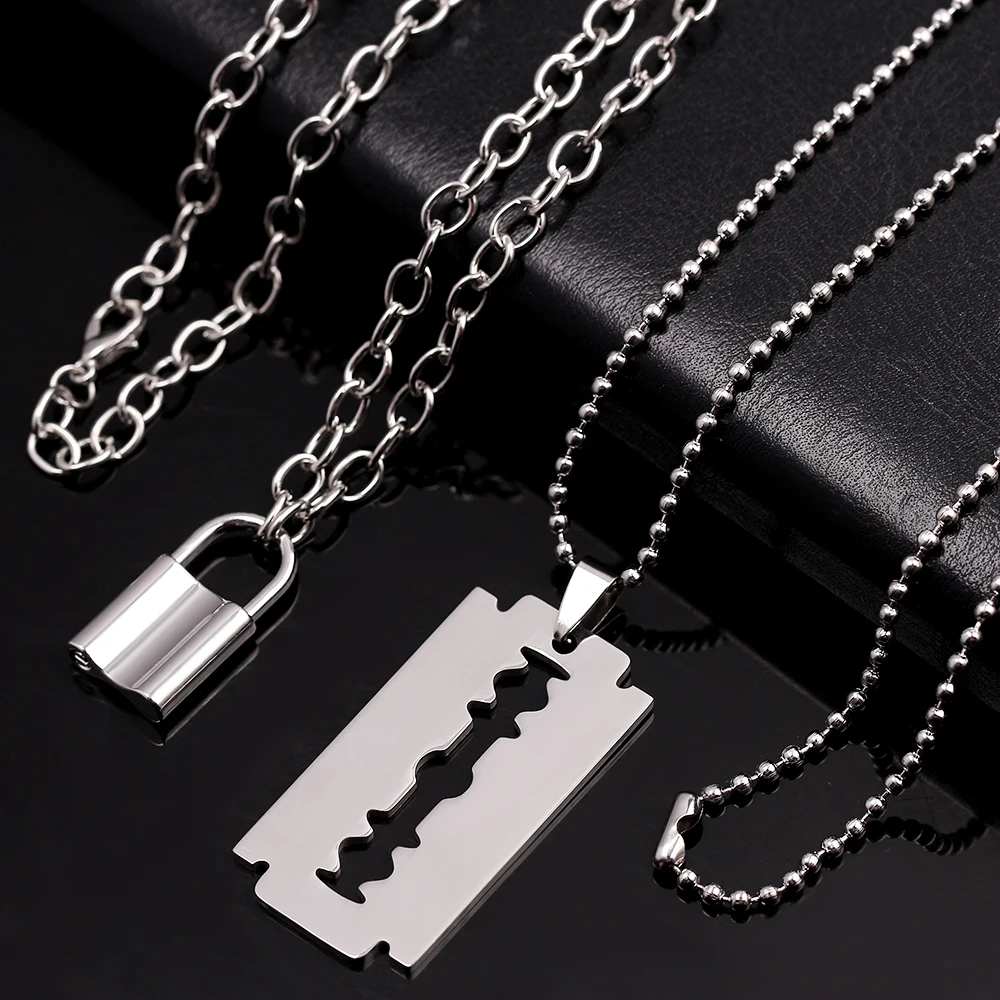 Double Layer Lock Pendant Necklace Hollow Out Large Razor Blade Necklaces Fashion Women Jewelry Accessories Gothic Gifts image 3