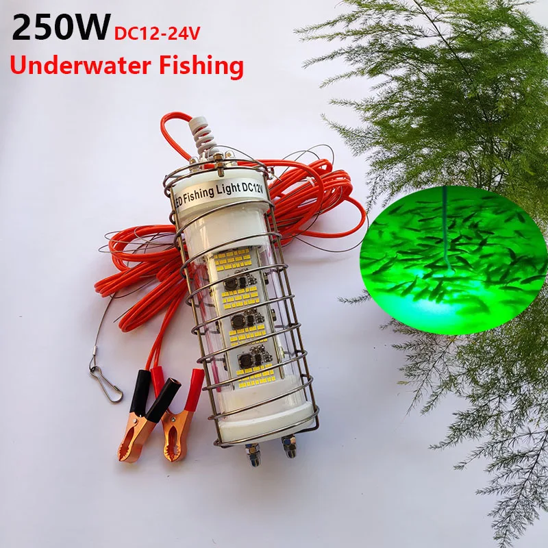 

250W DC12V to 24V LED Submersible Underwater Fishing Light Fish Attracting Bait Stainless Steel Protective Cage IP68