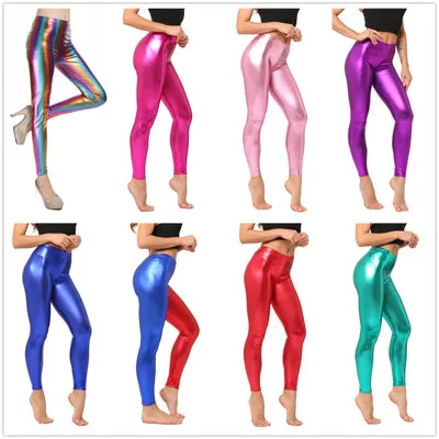 Ladies Silver Metallic Shiny Laser Leather Leggings Women Candy Color