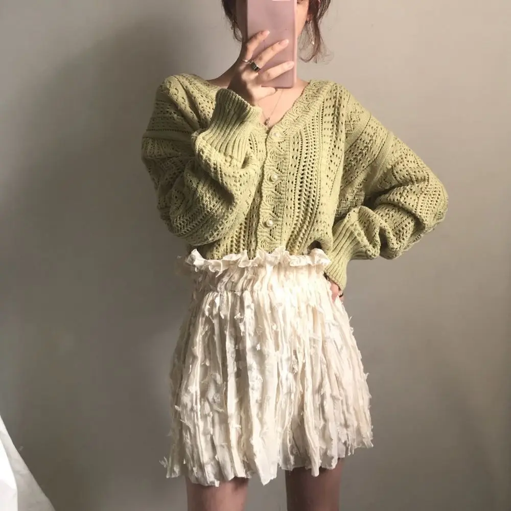 2020 Women Spring Summer Sweater and Cardigans Low V-Neck Knit Tops Long Sleeve Hollow Out Sexy Cardigan Loose White Tops