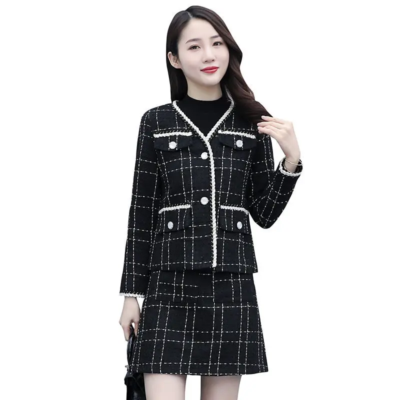 

2022 5XL Plaid Skirts Suits Girl Female Vintage Autumn Elegant Women's Sets Fashion Coat Half Skirt Two-Piece Suit Trend W5