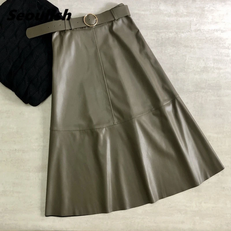 2021 New Women PU Faux Leather Long Skirt with Belt High Waist Vintage A-line Skirt Chic Mid-calf Umbrella Skirts Spring Autumn