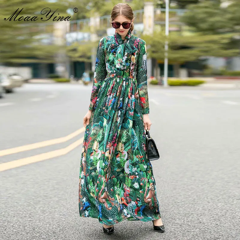 MoaaYina Fashion designerska sukienka wiosna jesień kobiety sukienka z długim rękawem Rainforest Floral-Print Maxi sukienki