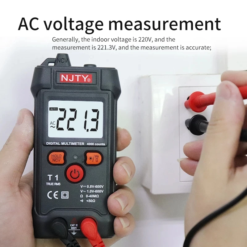 NJTY T1 Mini Digital Multimeter 4000 Counts Auto Ranging TRMS AC/DC Voltage resistance NCV with Backlight+flashlight Multi metro
