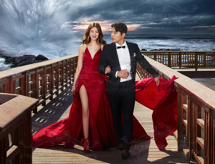 Abiti da sera Sexy con lungo treno Vestido Longos rosso scuro Prom Wear 2023 Robe De Soiree abito formale con spacco alto fotografia