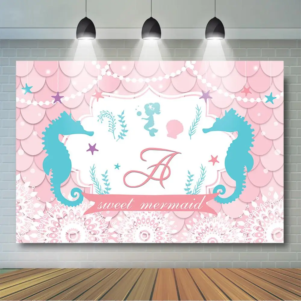 

Mermaid Theme Baby Shower Birthday Party Decoration Under the Sea Photography Backdrop Pink Blue Scale Background