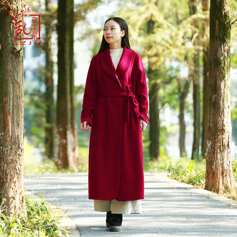 

LZJN New Elegant Long Women's Coat 2 Pockets Outwear Jacket Wool Coat Autumn Winter Black Solid Belt Waisted Wool Overcoat