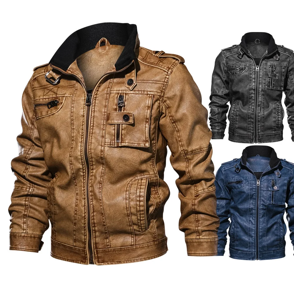 

2019 Autumn Winter Fashion Slim Fit Faux Leather Motorcycle Vintage Men Jackets Coats
