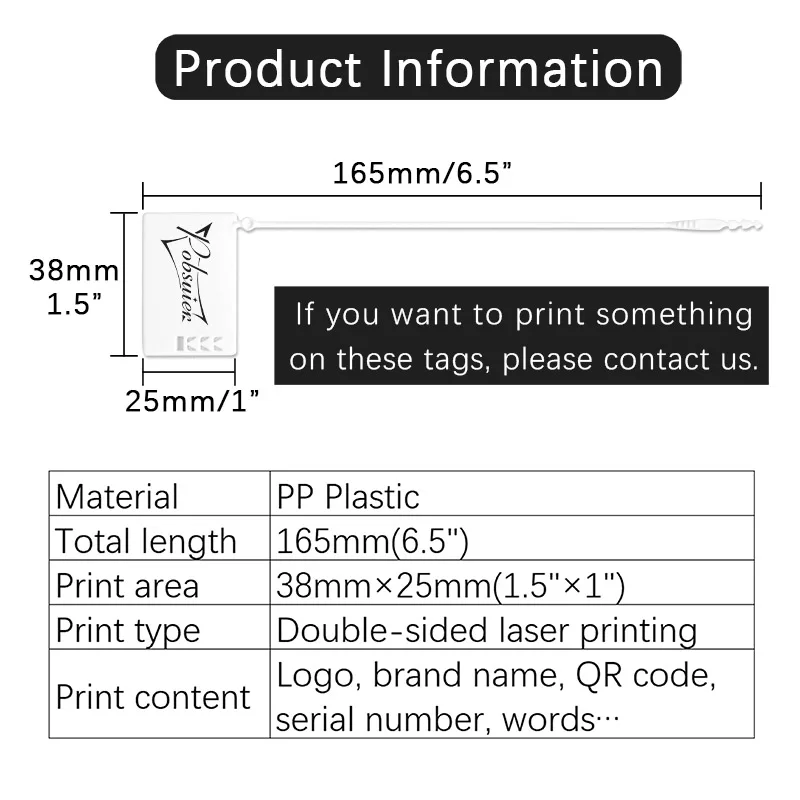 Pobsuier 100 Custom Plastic Hang Tags for Clothing Garment Apparel Bag White Black Security Logo Gift Travel Labels 165mm/6.5