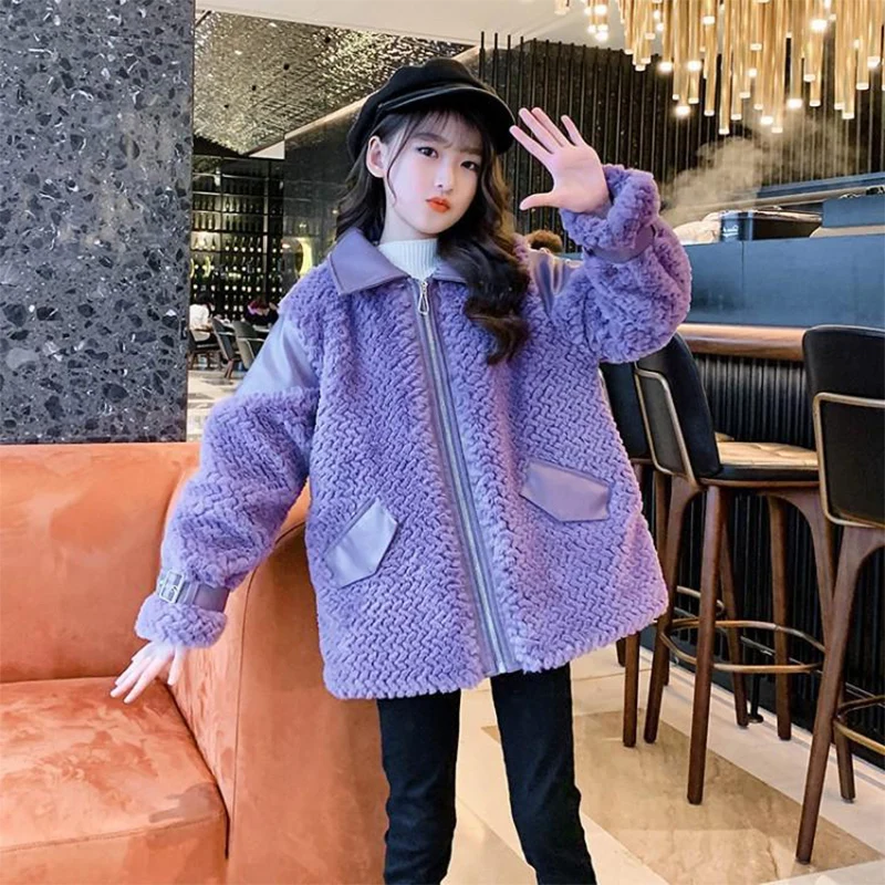 

Fashion Girls Wool Blend Fur Thick Clothes Winter Children Warm Sheep Coat Kids PU Wool Snow Outwear Teens New Year Coats 4-13Y