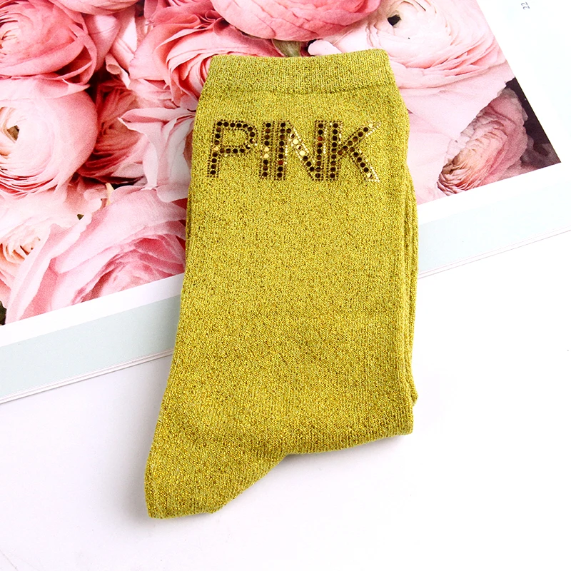 Fashion Women Lurex Glitter Socks Gold Sequins PINK Printed Letter Socks High Quality Casual Women Sexy Happy Socks