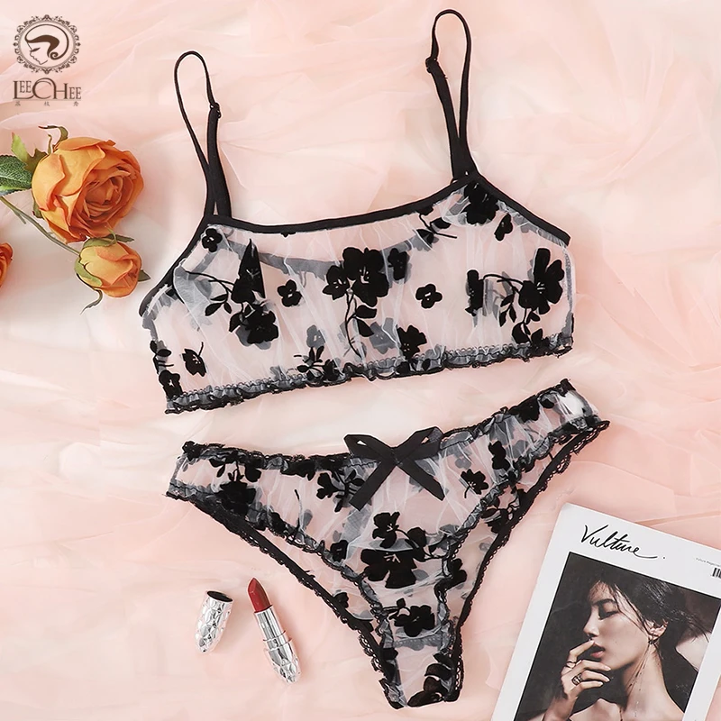 Leechee – ensemble de Lingerie florale pour femmes, soutien-gorge et culotte à volants, sous-vêtements Sexy en maille, nouvelle collection