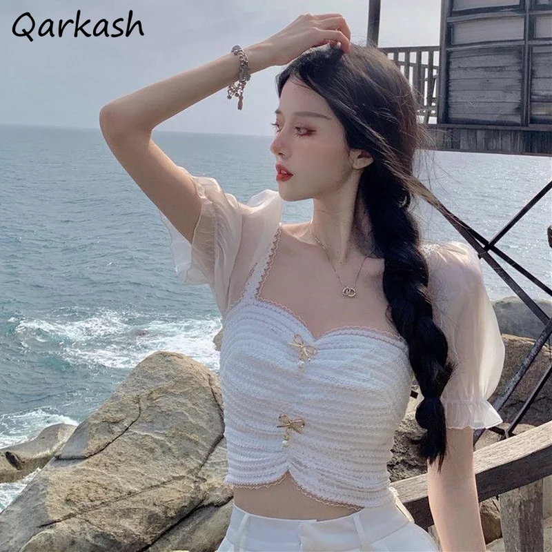 Blouse Women Crop Top Sexy White Patchwork Elegant Summer Holiday Korean Female Thin Square Collar Fairy Slim Girl Clothing Chic