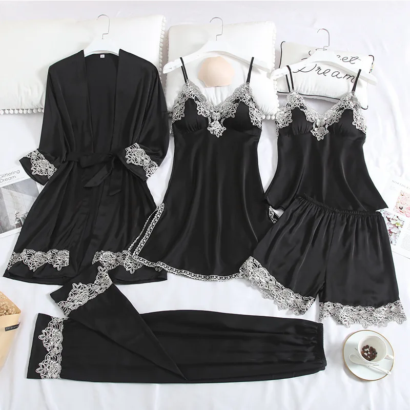 Spring Autumn Sexy Women Satin Silk Pajamas Sets 5 Pieces Sleepwear Pijama Homewear Sleep Lounge Pyjama With Chest Pads