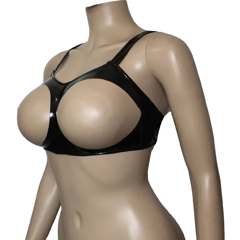 Womens Sexy Lingerie Faux Leather Cupless Bra Vest Wetlook Open Cups Bra Tank Bralette Crop Tops For Women Fetish Underwear