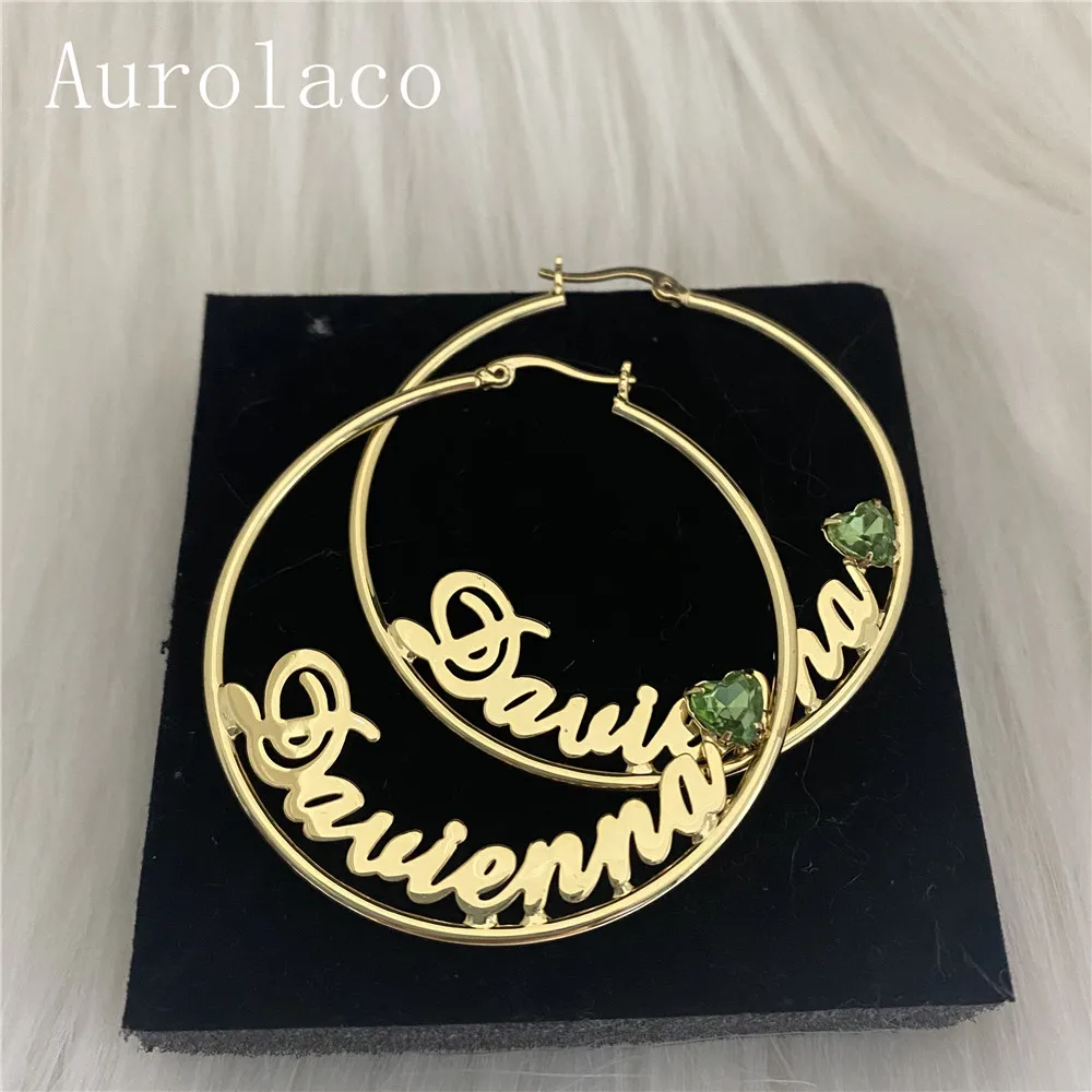 

AurolaCo Custom Name Earrings with Birthstone Stainless Steel Customize Name Earrings Big Hoop Name Earrings For Women Gifts