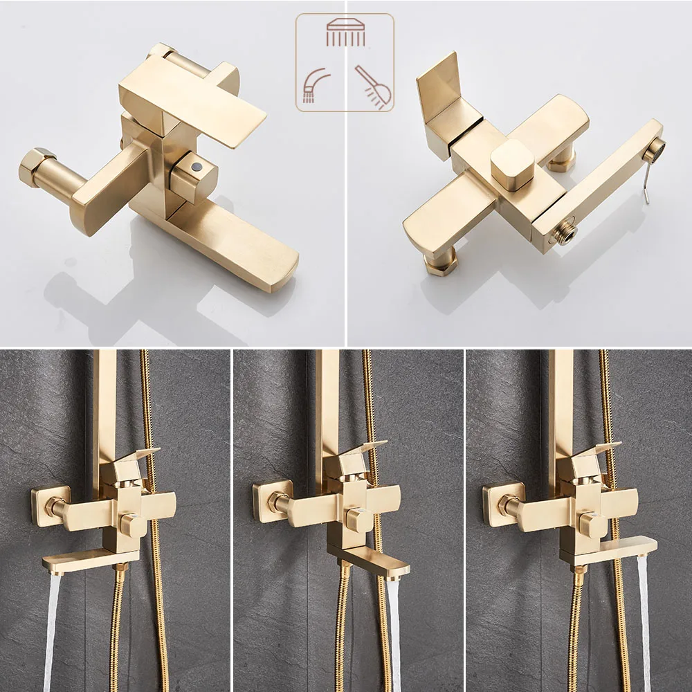 Brushed Gold Shower Faucet Set Bathroom Wall 8