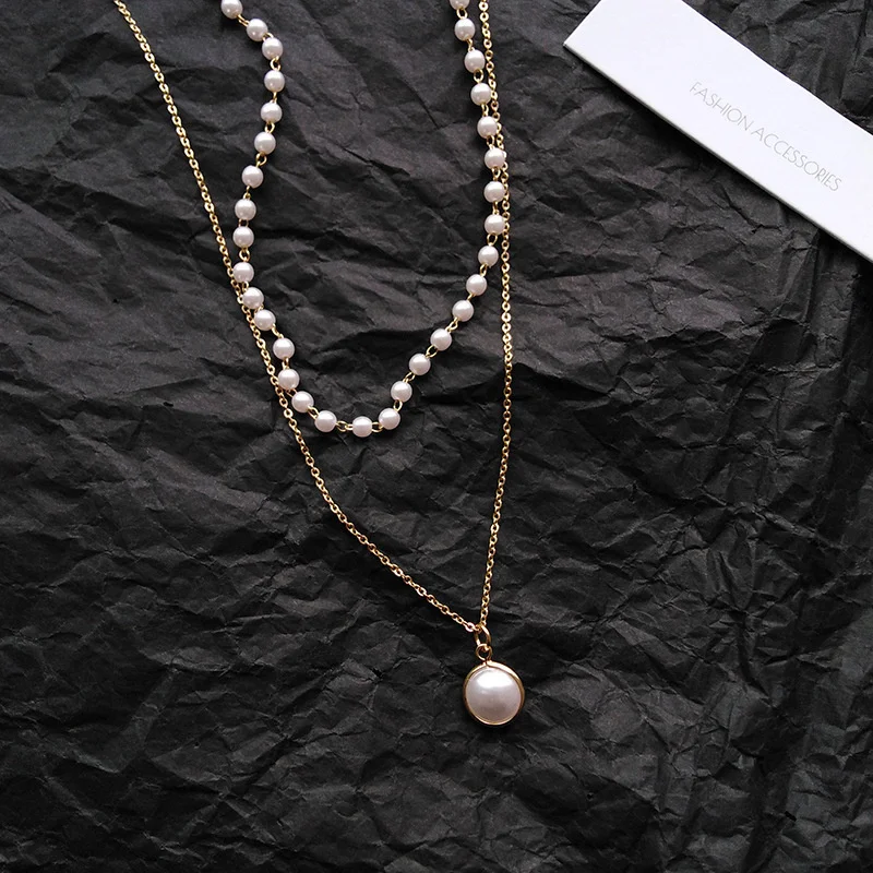 Doppel-schichten Imitation Perle Halsketten für Frauen Runde Perle Anhänger Halskette Koreanische Mode Charme Hals Zubehör Collares – Detail 3