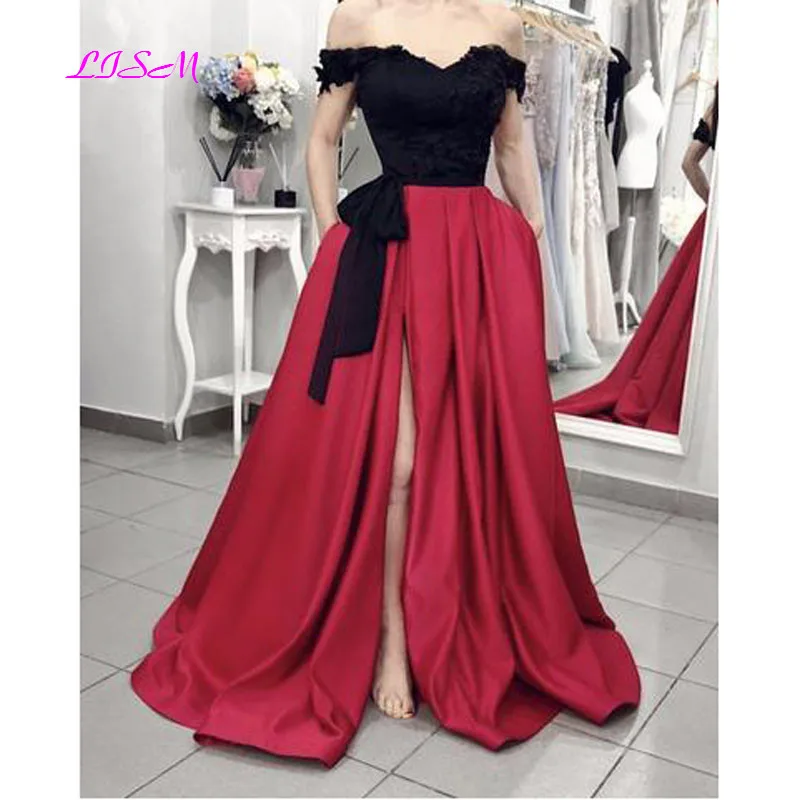 Black Top Evening Dress Off The Shoulder Satin Split Prom Party Gowns vestido de fiesta de boda