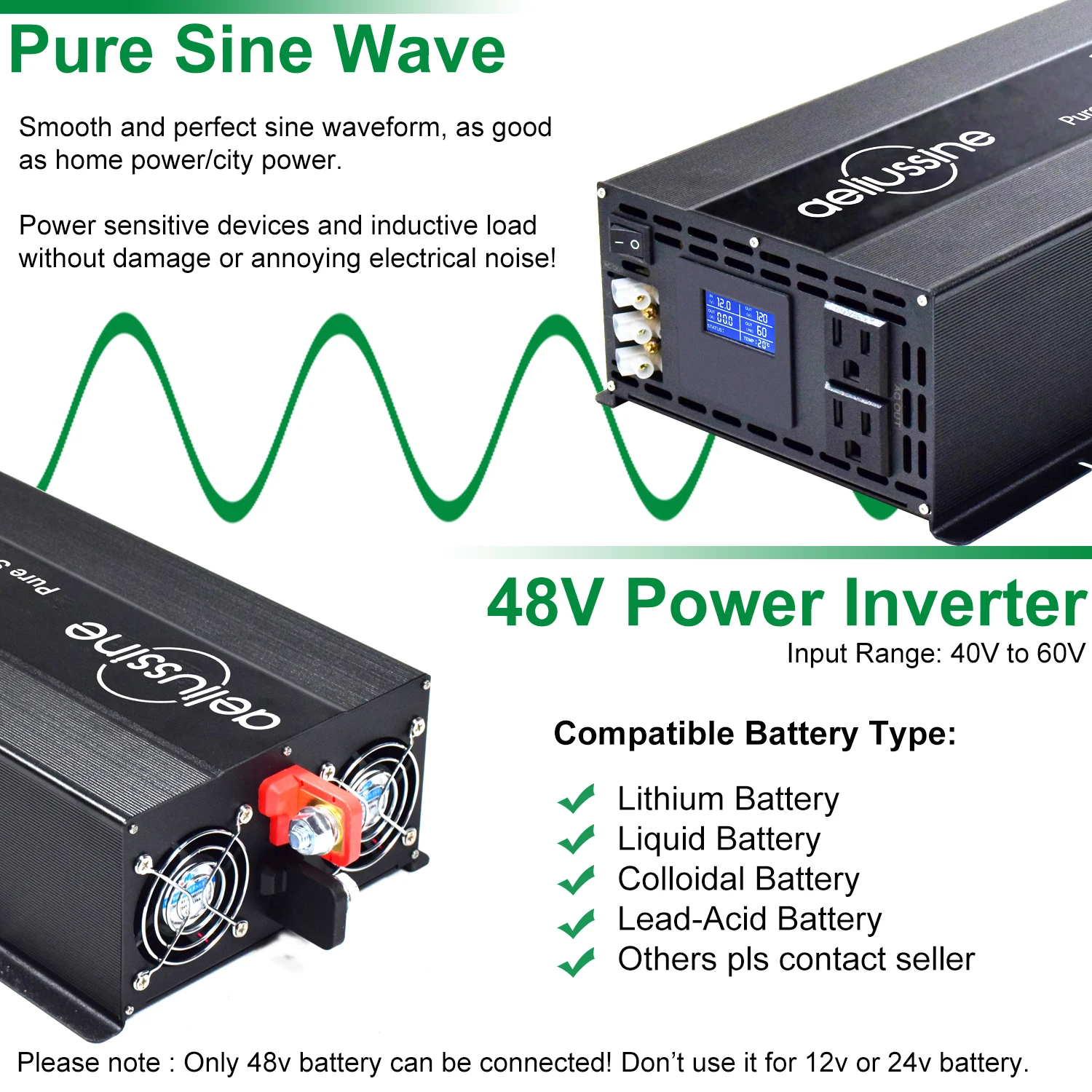 Pure Sine Wave Solar Inverter Power 2500W 12V/24V/36V/48V DC to 120V/220V/230V/240V AC Converter Power Supply Inverter Battery