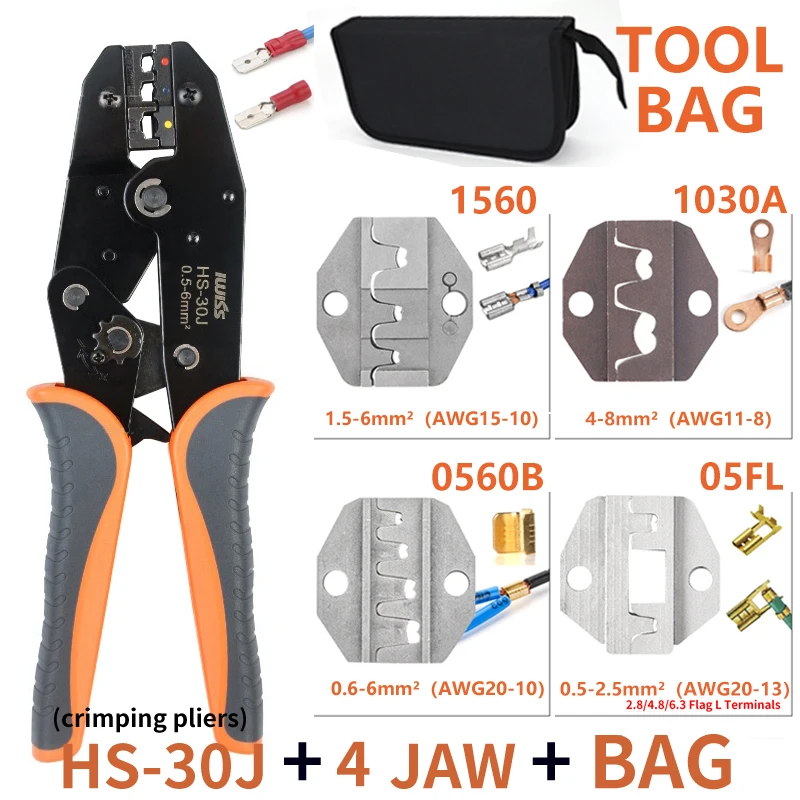 

HS-30J Ratchet Crimping Tool Set for Open Barrel, Insulated & Non-Insulated Terminals with 4PCS Jaws Mulit Crimper Plier