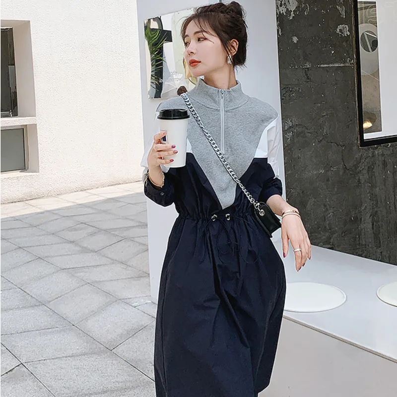 LANMREM 2024 Spring Korean Style Long-sleeved Mid-length Fashion Design Contrast Color Drawstring Stitching Dresses Female 2W144