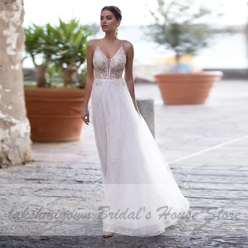 Abito da Sposa Sexy da Sposa in spiaggia 2020 Abito da Sposa Abito da Sposa in Tulle bianco trasparente con scollo a V in rilievo abiti da Sposa Boho