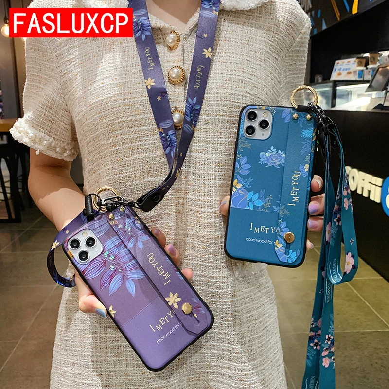 Flower Phone Holder Case for Huawei P40 Lite P20 P30 Pro P Smart Z Nova 5T Mate 10 20 30 Lite Pro Neck Lanyard Wrsitband Cover