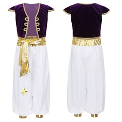 Boys Fancy Arabian Prince Outfits Cap Sleeves Waistcoat with Pants Halloween Fairy Party Carnival Dress Up Cosplay Costume