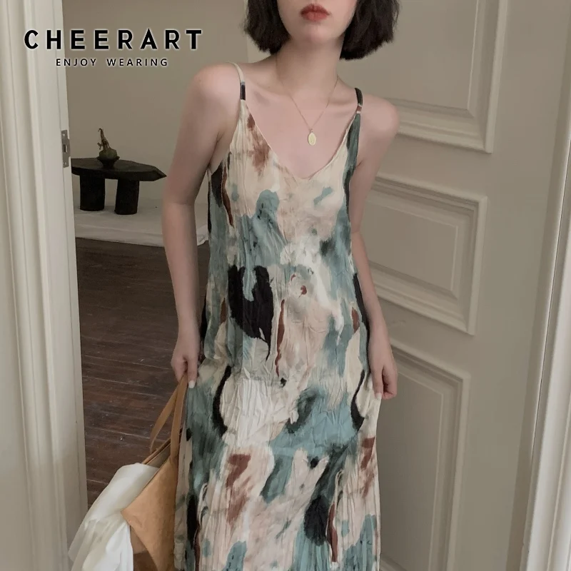 CHEERART Tie Dye Long Slip Maxi Dresses For Women 2021 Chiffon Spaghetti Strap Summer Ruched Dress Korean Designer Clothes