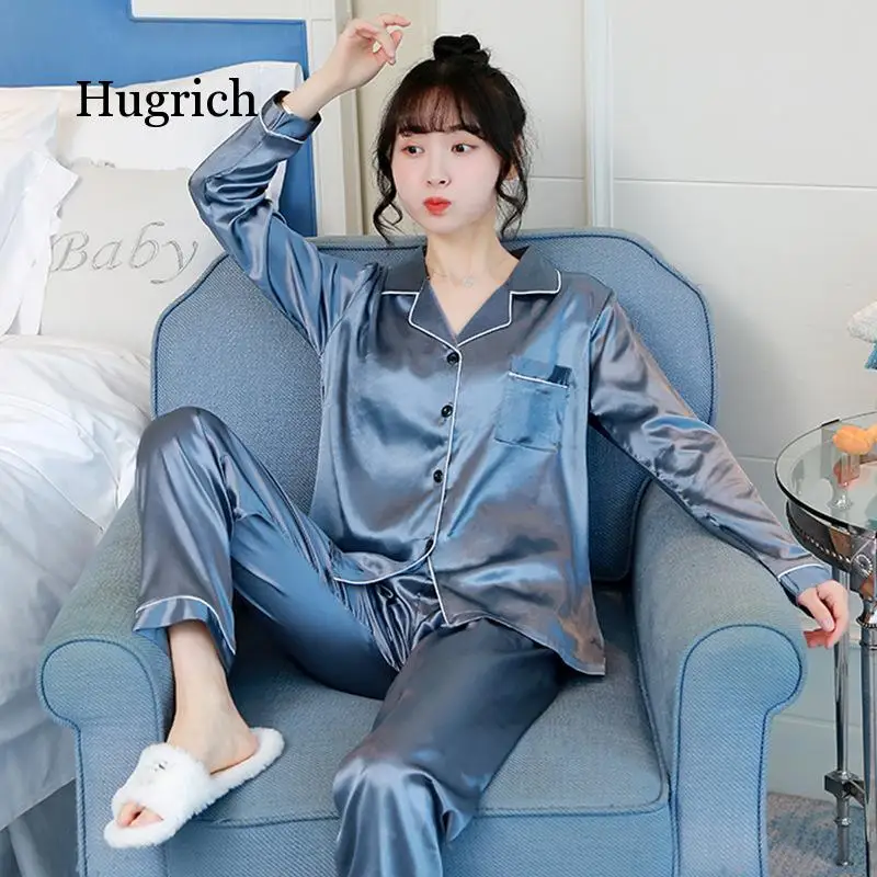 2 Pieces Faux Silk Satin Pajamas Set Autumn Women Sleepwear Long Sleeve Nightgown for Female Ladies Pyjamas