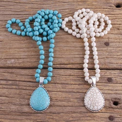 RH Fashion Bohemian Jewelry Accessory 8mm Blue Stones Knotted Stone Dorp Pendant Necklaces For Women Boho Necklace Dropship