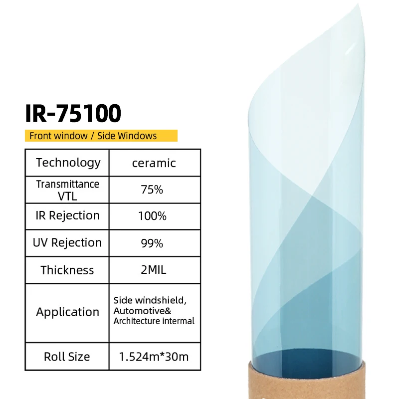 IRR100% VLT75% Top Quality Ultra Hd  Heat Resistant Privacy Protection Nano Ceramic Window Solar Tint Film For Car