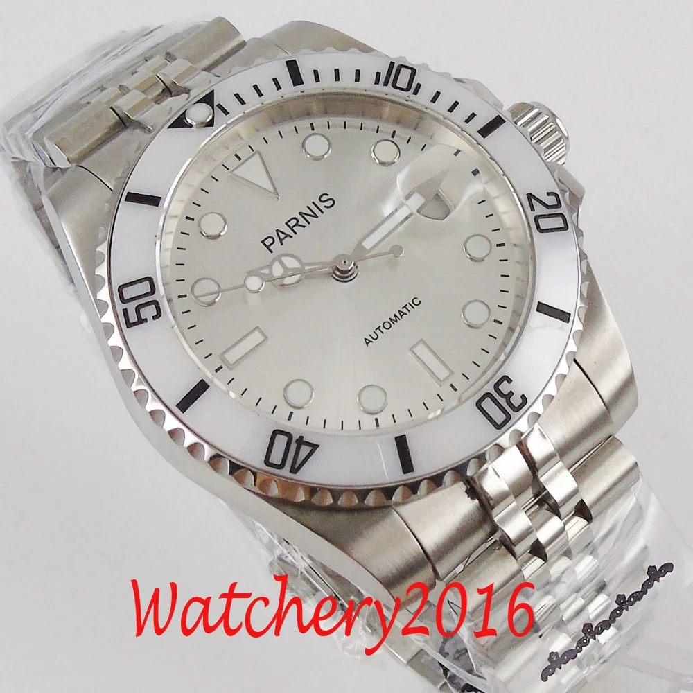 40mm Parnis Silver Dial Sapphire Glass Date White Ceramic Bezel Automatic Movement Mens Watch