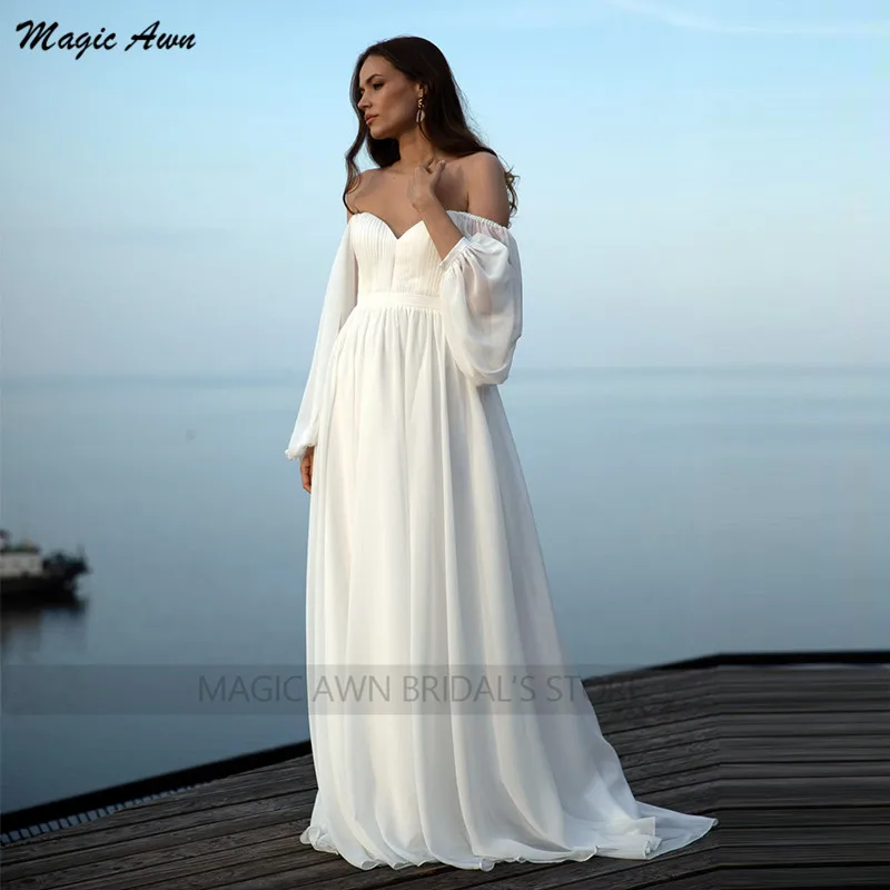 Magic Awn Beach abiti da sposa premaman con spalle scoperte maniche lunghe a sbuffo abiti da sposa in gravidanza Boho in Chiffon semplice abiti