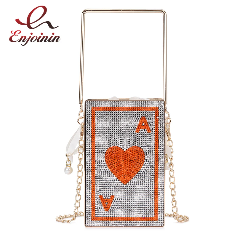 Luxury Hollow Heart Poker Design Evening Bags Shiny Diamonds Metal cage Women Clutch Bag Purses and Handbags Shoulder Chain Bag