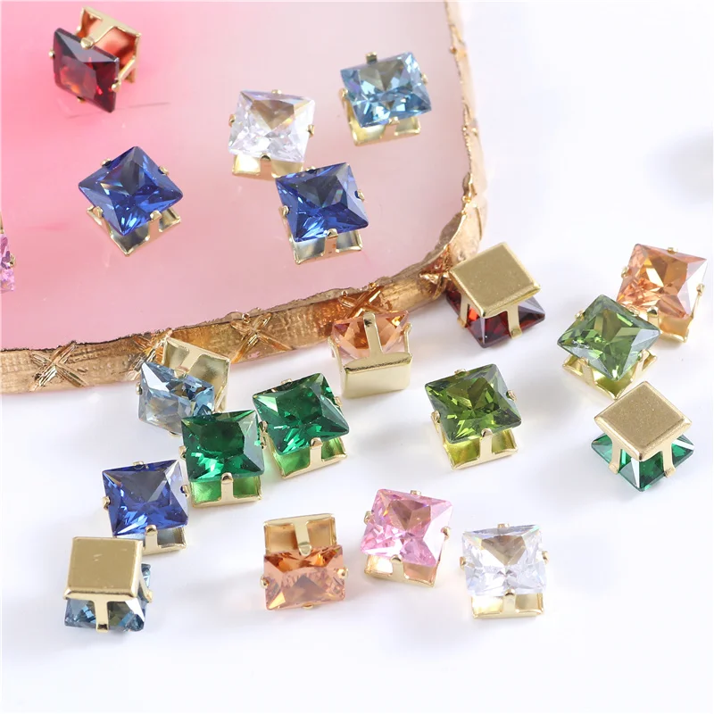 8mm Square Shape Glass Rhinestones With Gold Claw Sew On Zircon Crystal Stones Strass Sewing Decorations For Clothes Shoes Diy