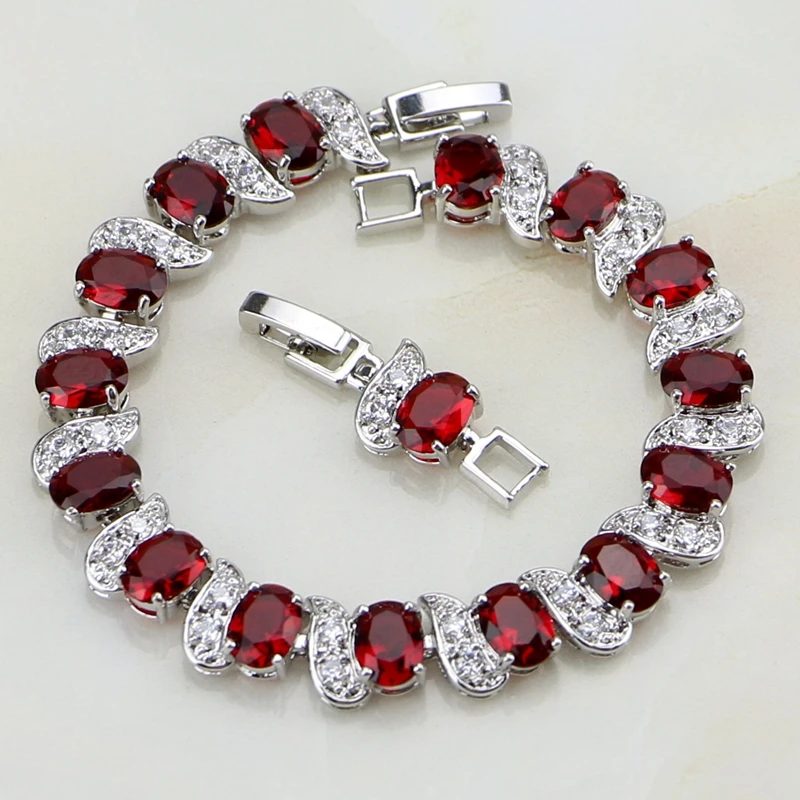 Oval Red Rhinestone White CZ Charm 925 Sterling Silver Chain Link Bracelet For Women Free Gift Box