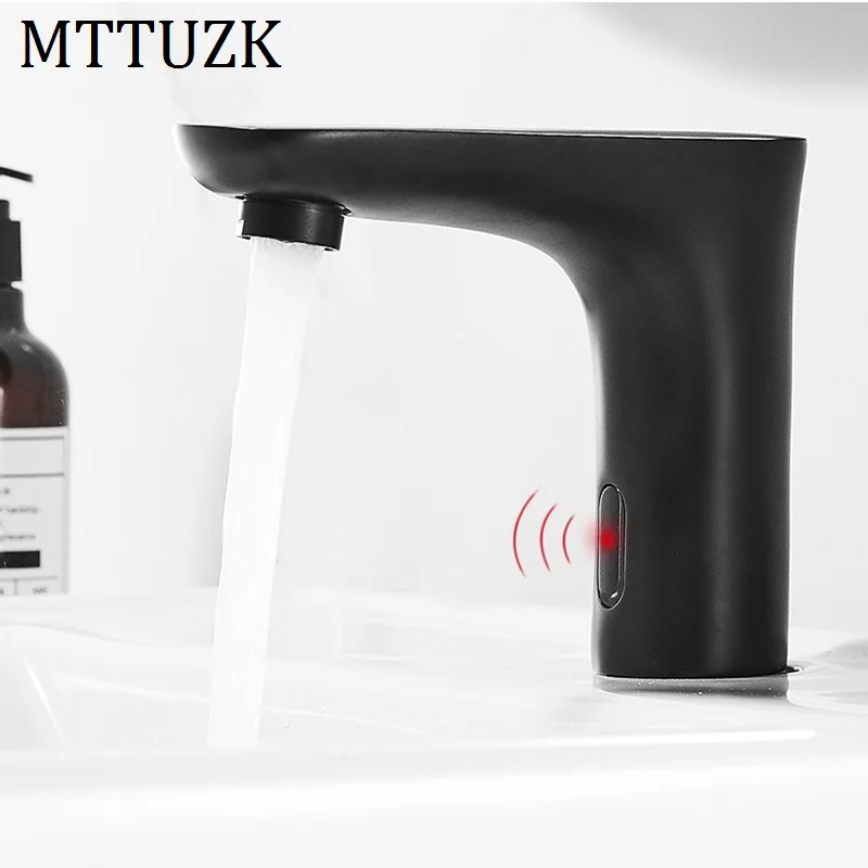 MTTUZK Deck Mounted Brass matte Black Automatic Sensor Faucet Bathroom Basin Touchless infrared Faucet Hot Cold Sensor Taps
