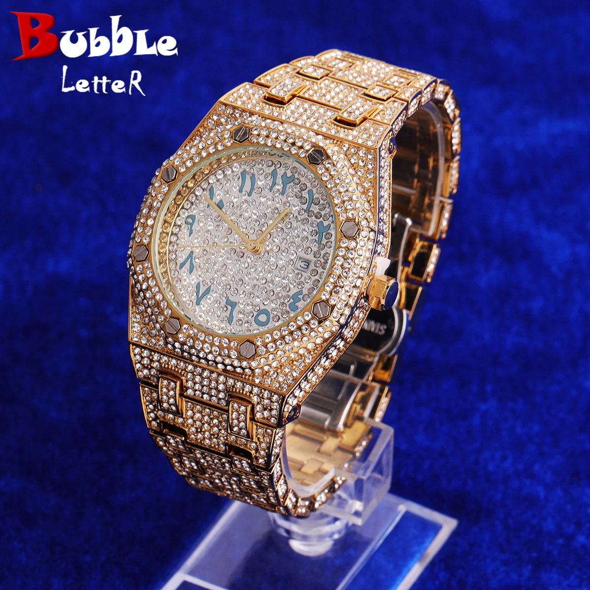 Bubble Letter Proud Watch for Men Rhinestones Big Gold Color Hip Hop Jewelry Regolio Masculio