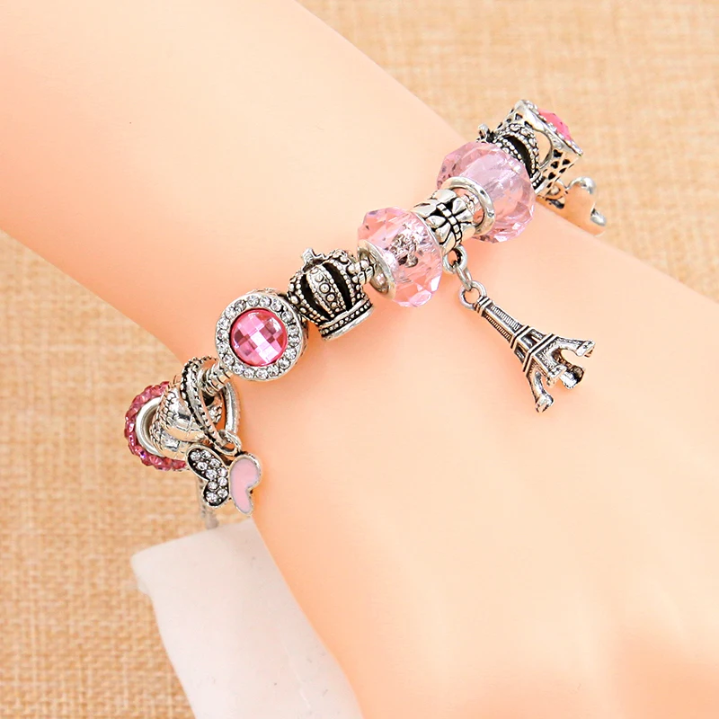 Vintage Paris Eiffel Tower Pendant Bracelet Pink Butterfly DIY Bead Bracelet for Women Girl Jewelry Gift